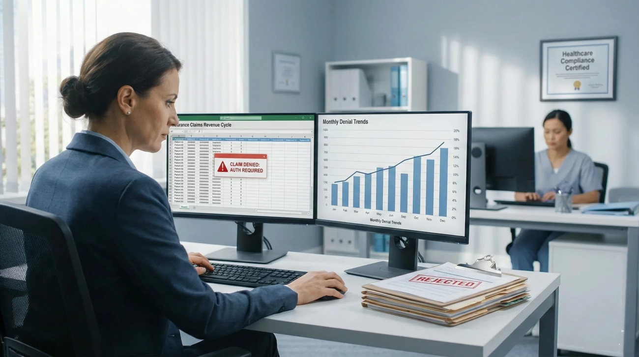 Healthcare billing specialist reviewing insurance claims revenue cycle and monthly denial trends