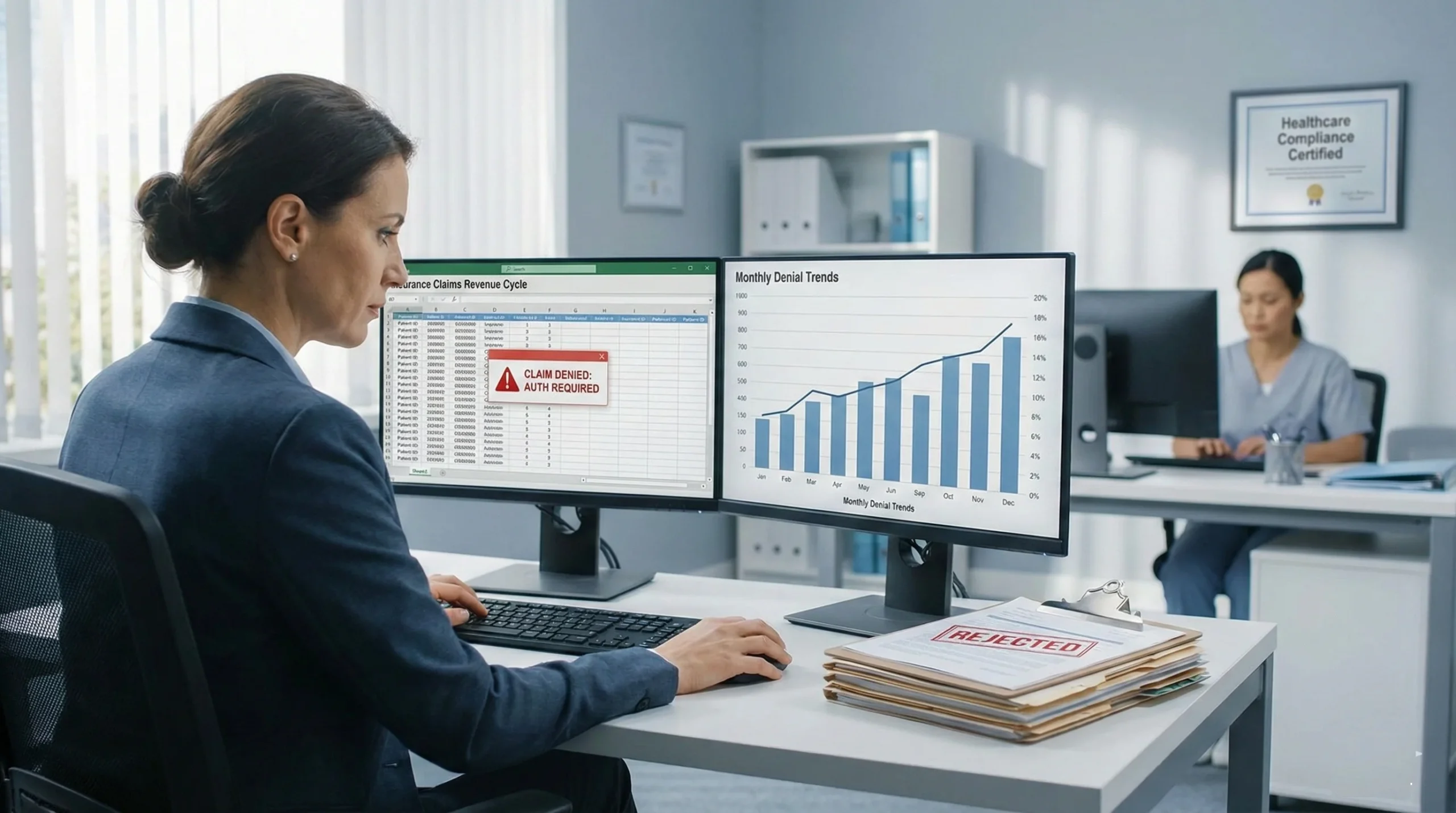 Healthcare billing specialist reviewing insurance claims revenue cycle and monthly denial trends